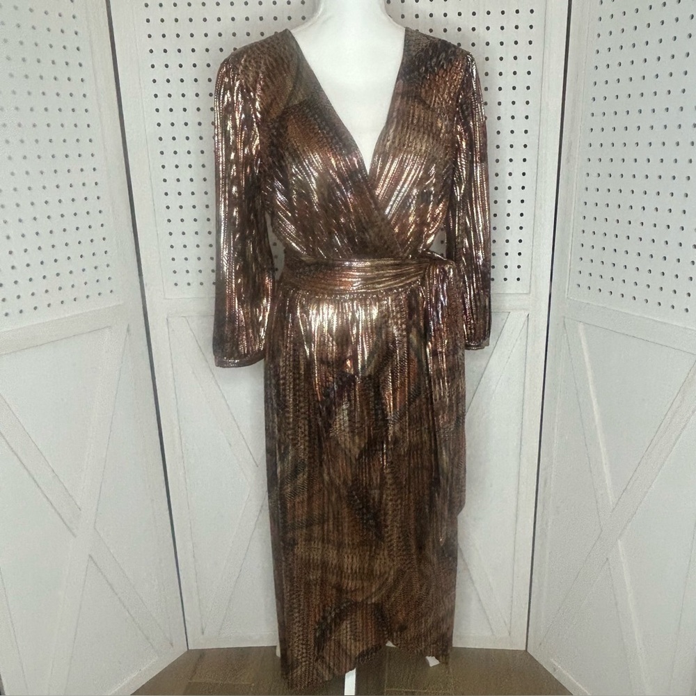Johnny Was Jade Tina Wrap Midi Dress Medium Metallic Leopard Belt Cocktail Party